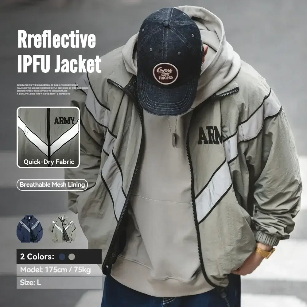 LYVIO Men's Blue Vintage Reflective Hooded Bomber Jacket