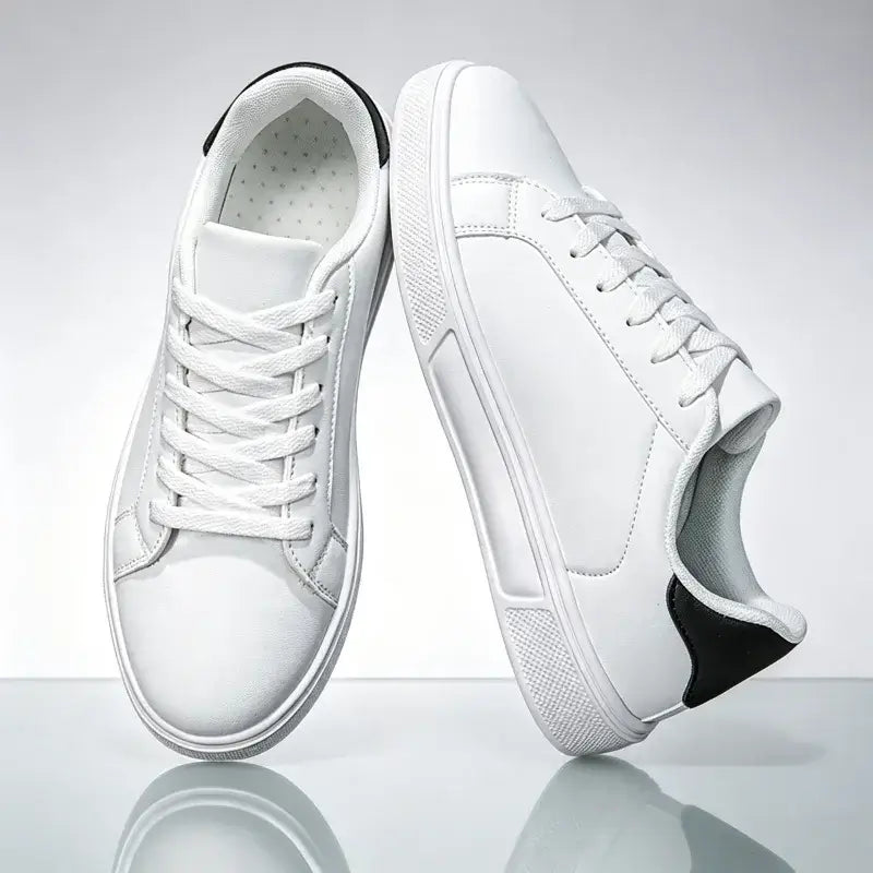 LYVIO Men's White Natural Leather Flat Bottom Casual Sneakers