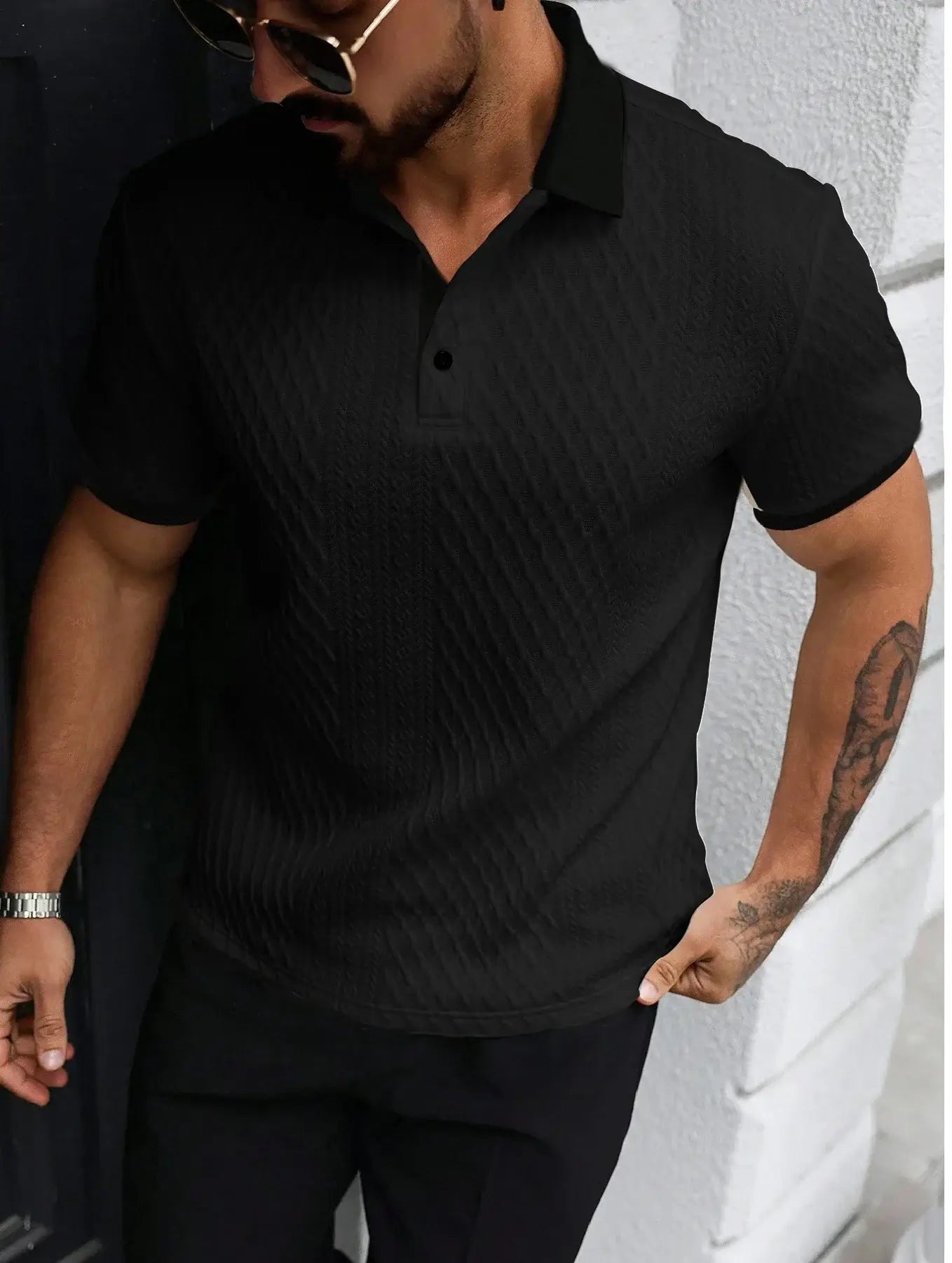 LYVIO Men's Italian Openwork Print Casual Polo Shirt