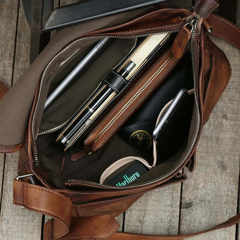 LYVIO Genuine Leather Vintage Brown Messenger Crossbody Bag