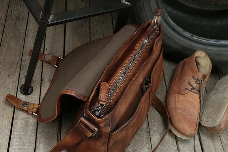 LYVIO Genuine Leather Vintage Brown Messenger Crossbody Bag