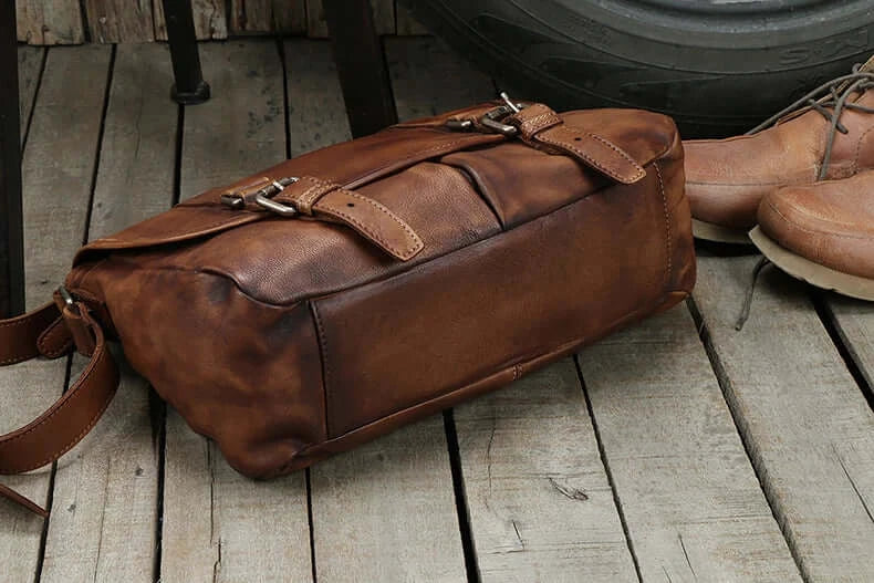 LYVIO Genuine Leather Vintage Brown Messenger Crossbody Bag
