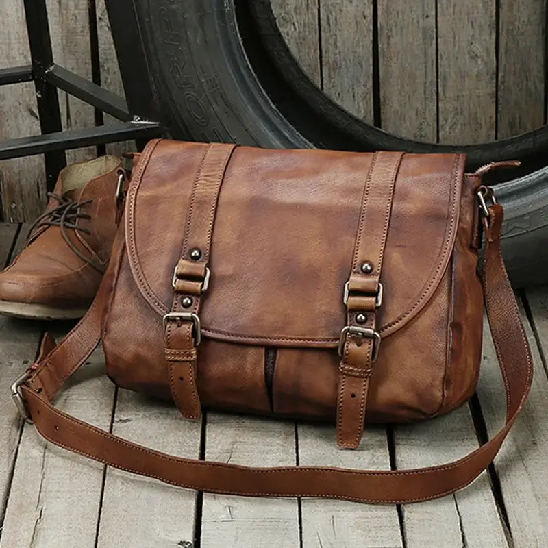 LYVIO Genuine Leather Vintage Brown Messenger Crossbody Bag