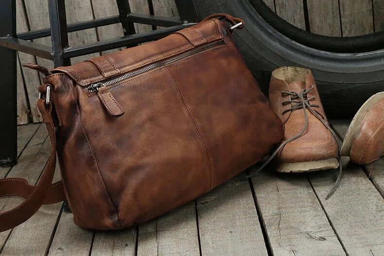 LYVIO Genuine Leather Vintage Brown Messenger Crossbody Bag