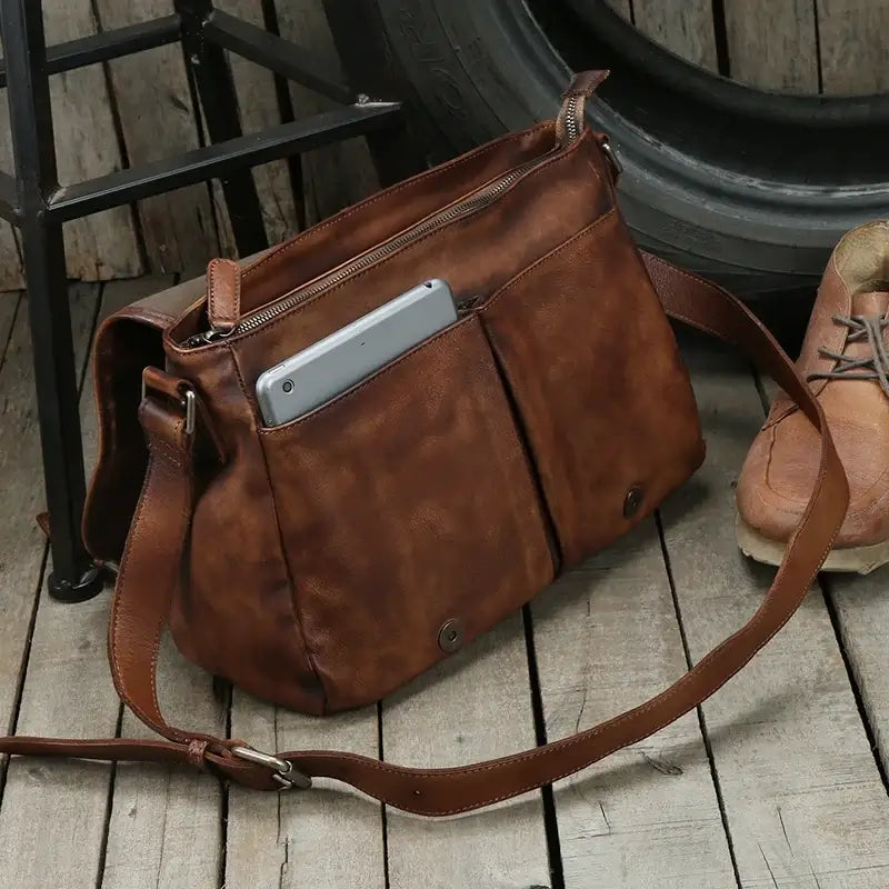 LYVIO Genuine Leather Vintage Brown Messenger Crossbody Bag