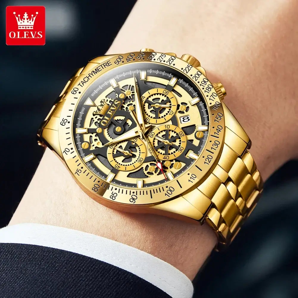 LYVIO OLEVS Gold Full Skeleton Stainless Steel Men's Watch