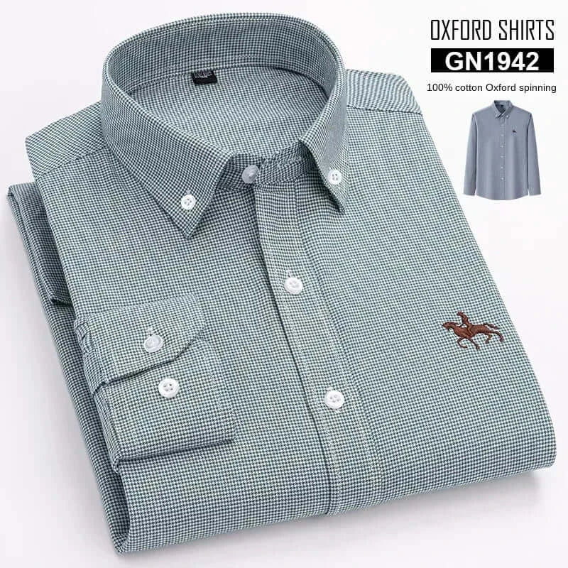 LYVIO Men's White Cotton Oxford Long Sleeve Horse Embroidery Shirt