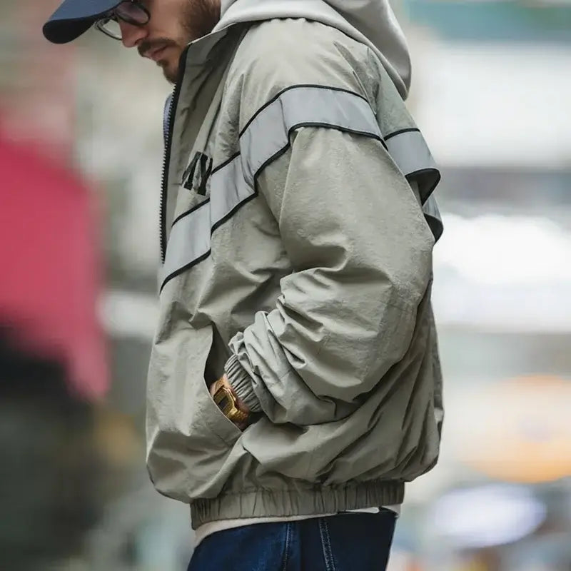 LYVIO Men's Blue Vintage Reflective Hooded Bomber Jacket