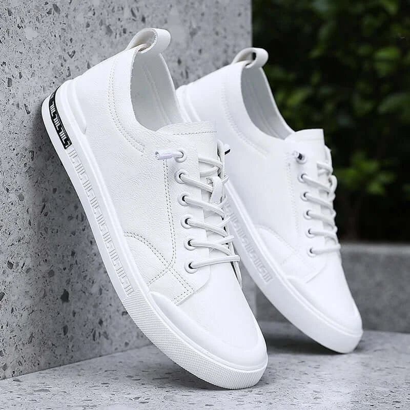 LYVIO Men's White Faux Leather Low Top Slip-On Sneakers
