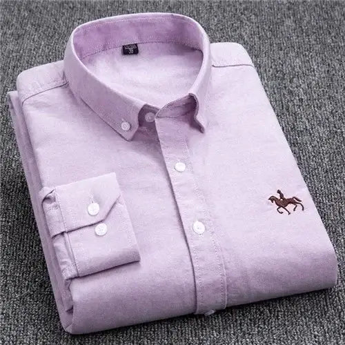 LYVIO Men's White Cotton Oxford Long Sleeve Horse Embroidery Shirt