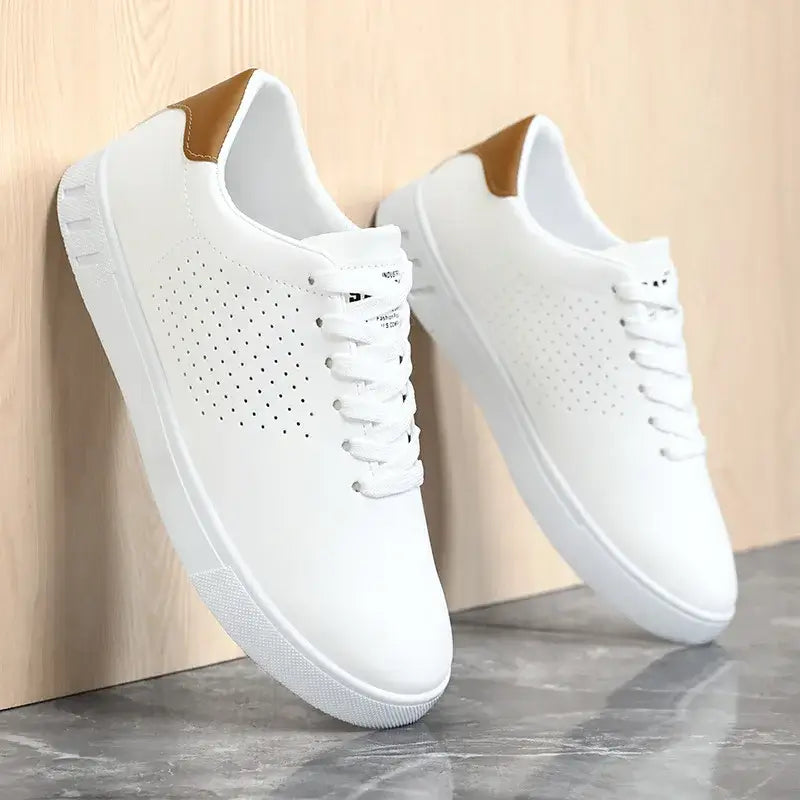 LYVIO Men's Classic White Leather Perforated Sneakers