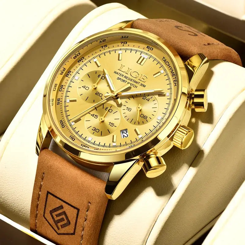 LYVIO LIGE Luxury Men's Leather Quartz Chronograph Wristwatch