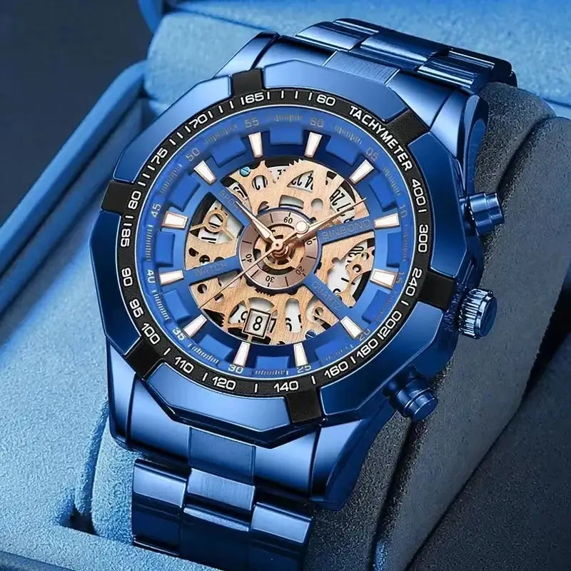 LYVIO Luxury Blue Hollow Out Stainless Steel Men's Quartz Watch