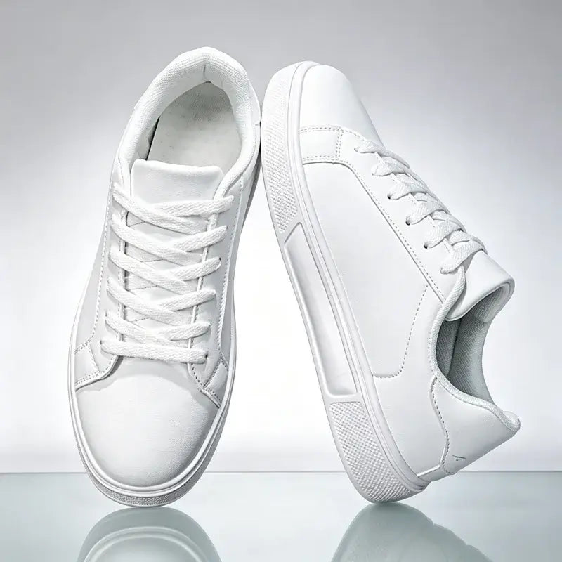 LYVIO Men's White Natural Leather Flat Bottom Casual Sneakers