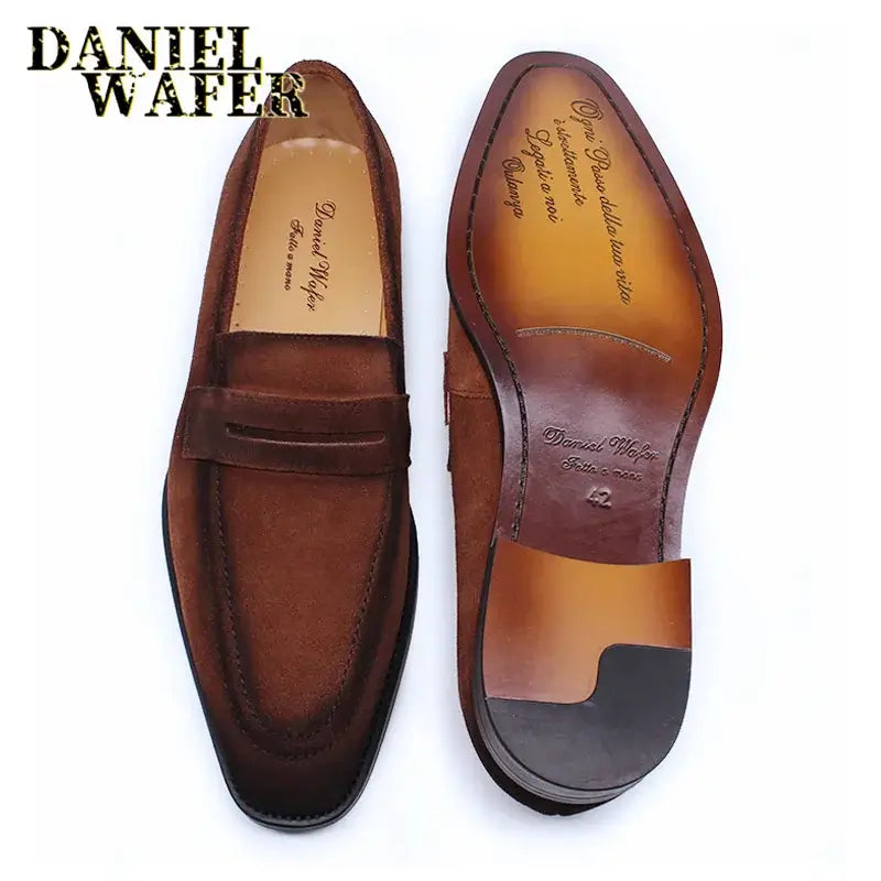 LYVIO Men's Brown Black Suede Leather Slip-On Penny Loafers