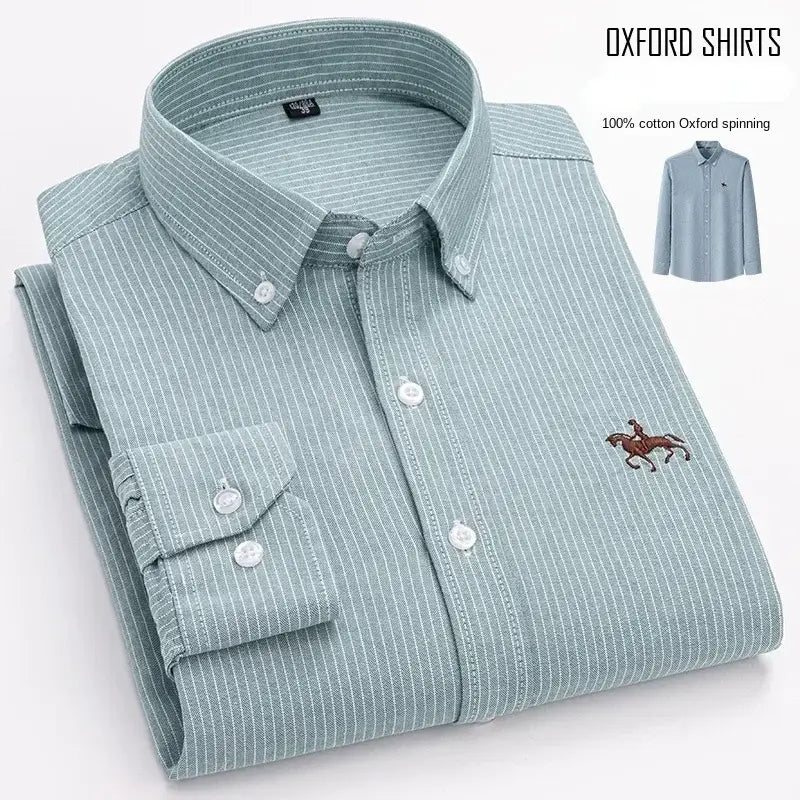 LYVIO Men's White Cotton Oxford Long Sleeve Horse Embroidery Shirt