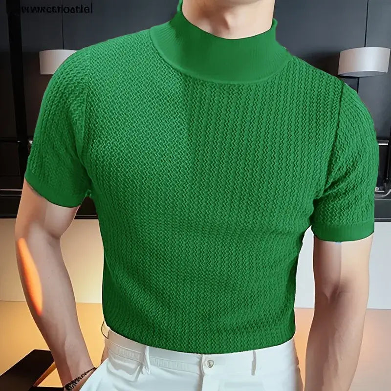 LYVIO Men's Slim Fit Solid Knitted Turtleneck Short Sleeve Shirt