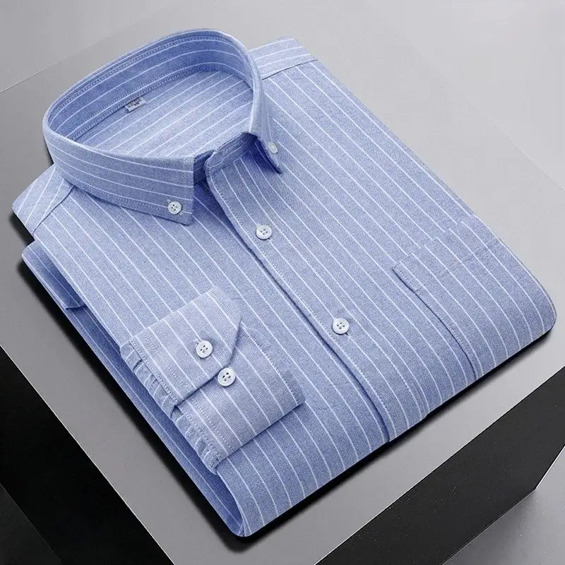 LYVIO Men's 100% Cotton Oxford Striped Plaid Shirt