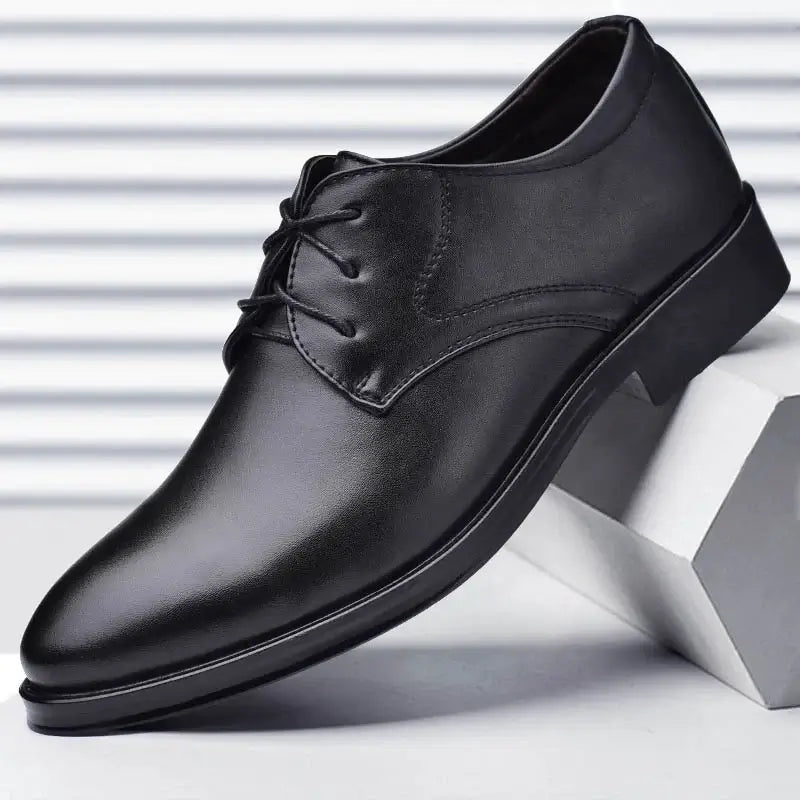 LYVIO Men's Brown Leather Pointed Toe Oxford Business Shoes