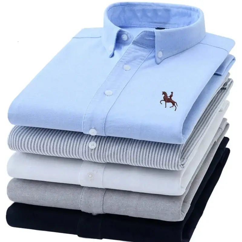 LYVIO Men's White Cotton Oxford Long Sleeve Horse Embroidery Shirt