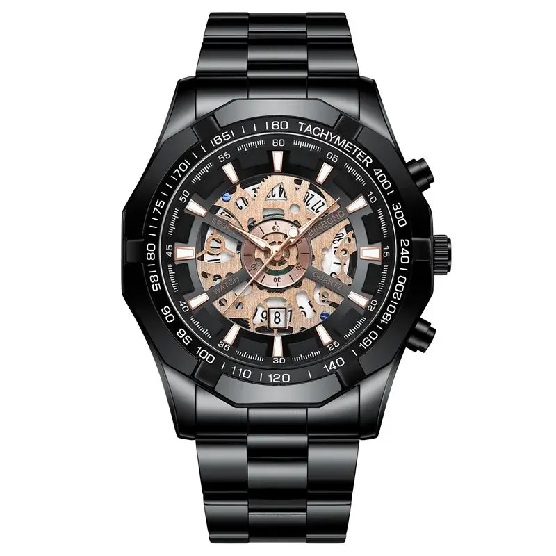 LYVIO Luxury Blue Hollow Out Stainless Steel Men's Quartz Watch