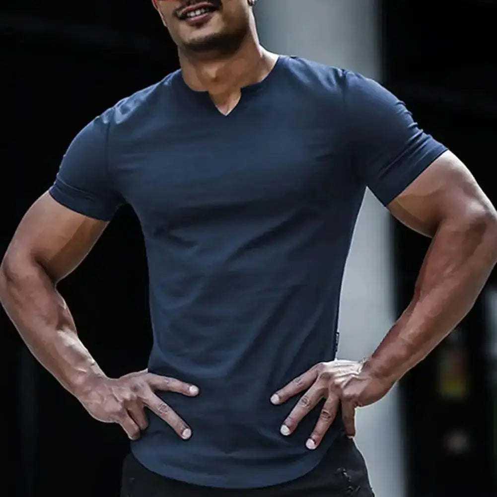 LYVIO Men's Slim Fit V-Neck Longline Arc Hem T-Shirt