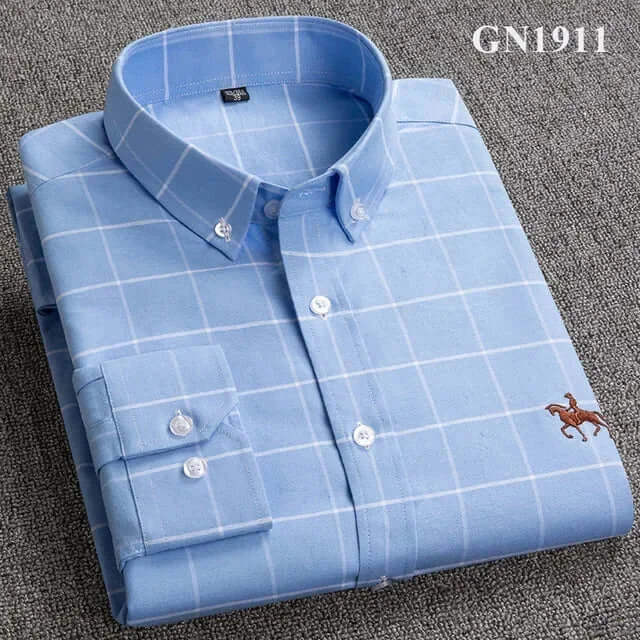 LYVIO Men's White Cotton Oxford Long Sleeve Horse Embroidery Shirt