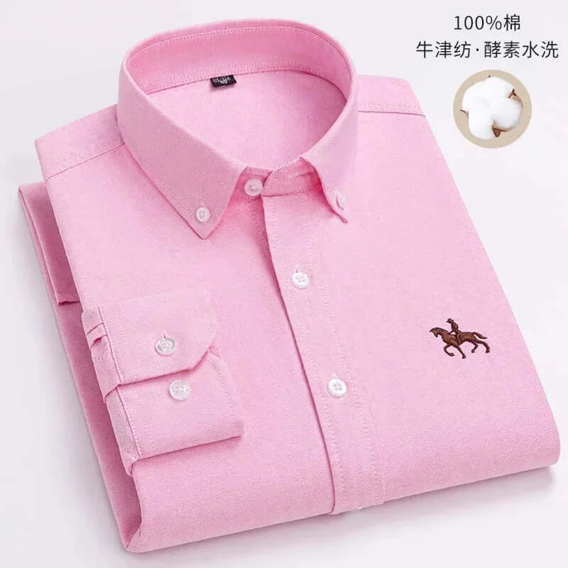 LYVIO Men's White Cotton Oxford Long Sleeve Horse Embroidery Shirt