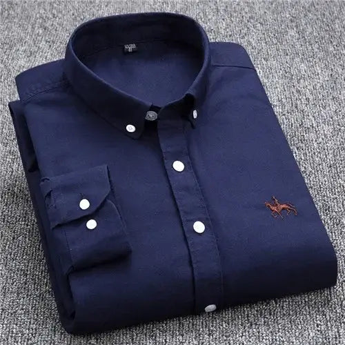 LYVIO Men's White Cotton Oxford Long Sleeve Horse Embroidery Shirt