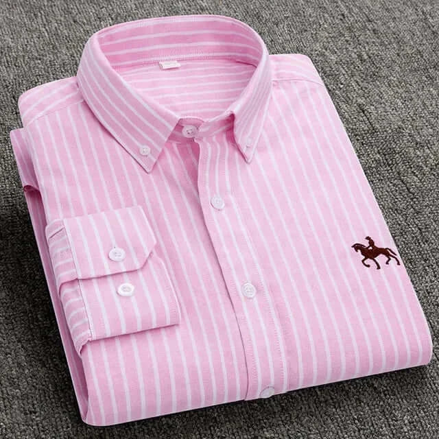LYVIO Men's White Cotton Oxford Long Sleeve Horse Embroidery Shirt