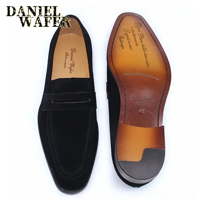LYVIO Men's Brown Black Suede Leather Slip-On Penny Loafers
