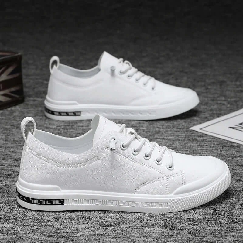 LYVIO Men's White Faux Leather Low Top Slip-On Sneakers