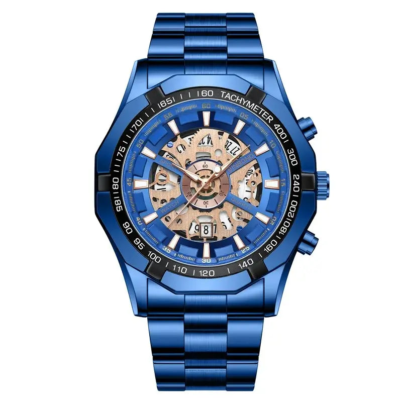 LYVIO Luxury Blue Hollow Out Stainless Steel Men's Quartz Watch