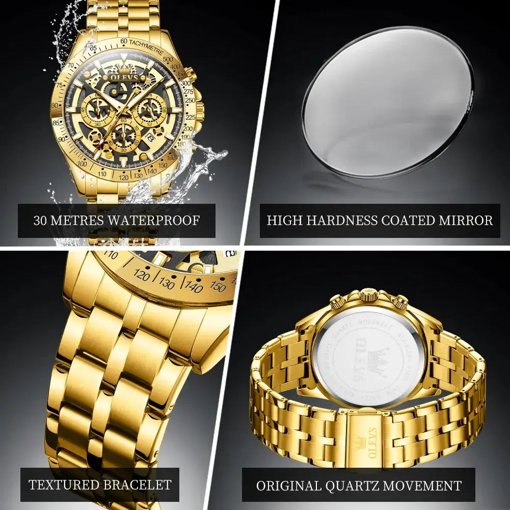 LYVIO OLEVS Gold Full Skeleton Stainless Steel Men's Watch