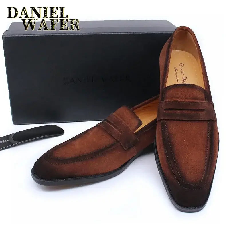 LYVIO Men's Brown Black Suede Leather Slip-On Penny Loafers