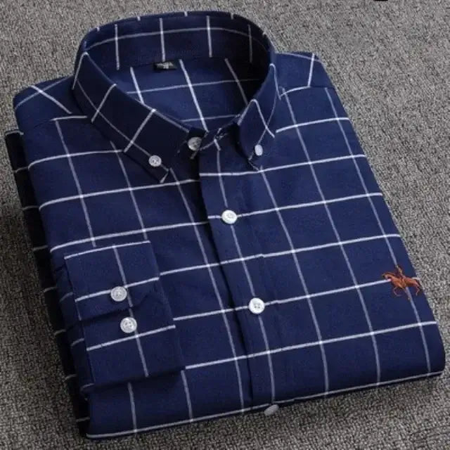 LYVIO Men's White Cotton Oxford Long Sleeve Horse Embroidery Shirt