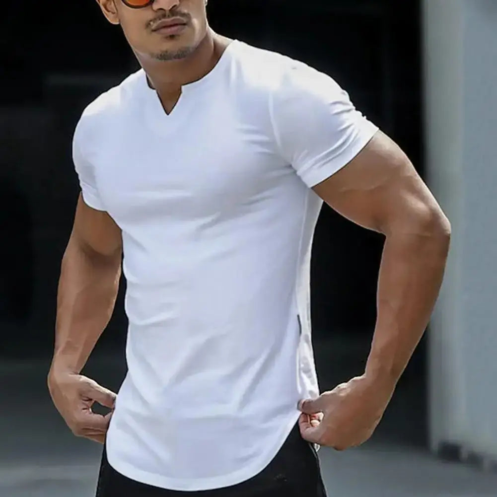 LYVIO Men's Slim Fit V-Neck Longline Arc Hem T-Shirt
