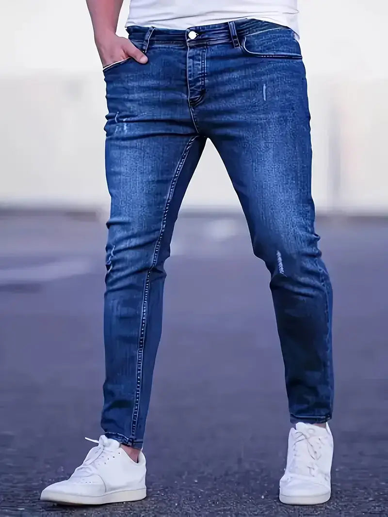 LYVIO Men's Slim Fit Stretch Ripped Denim Jeans with Contrast Stitching