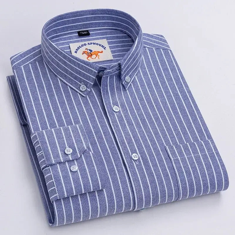LYVIO Men's White Cotton Oxford Long Sleeve Horse Embroidery Shirt