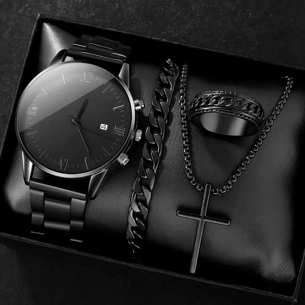 LYVIO Men's Black Minimalist Quartz Watch Bracelet Necklace Ring Set