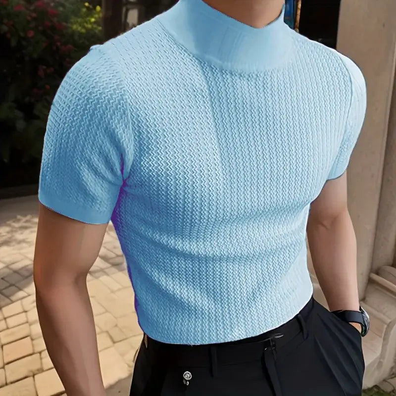 LYVIO Men's Slim Fit Solid Knitted Turtleneck Short Sleeve Shirt