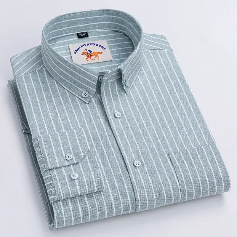 LYVIO Men's White Cotton Oxford Long Sleeve Horse Embroidery Shirt