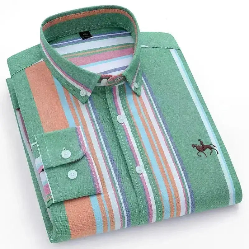 LYVIO Men's White Cotton Oxford Long Sleeve Horse Embroidery Shirt
