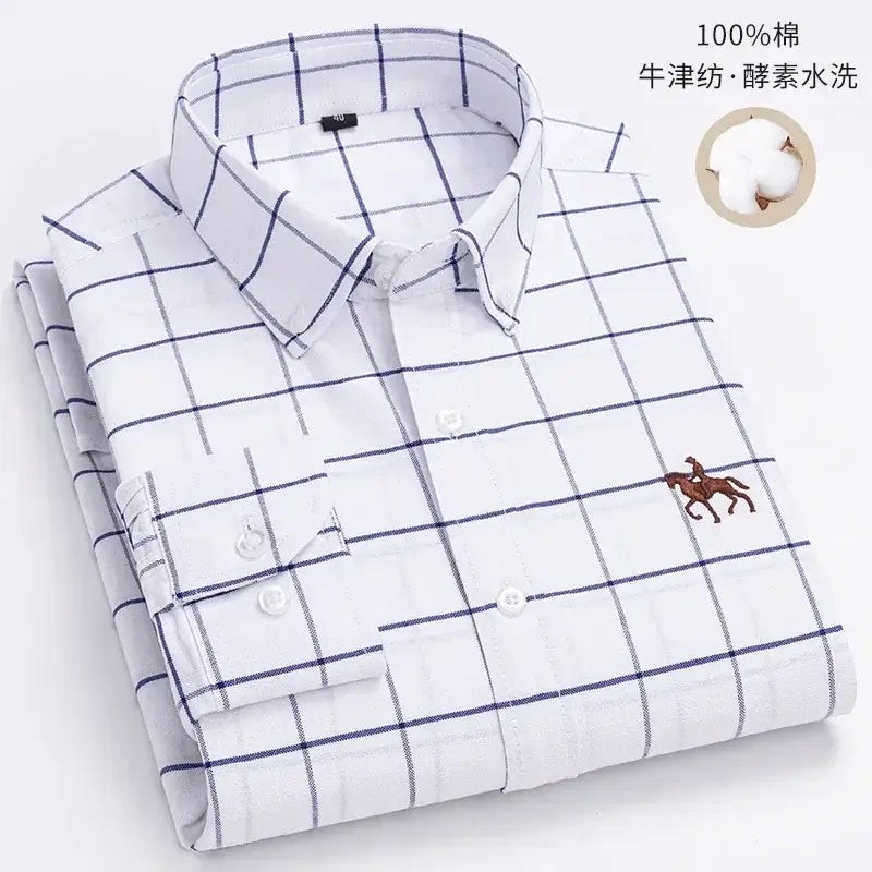 LYVIO Men's White Cotton Oxford Long Sleeve Horse Embroidery Shirt