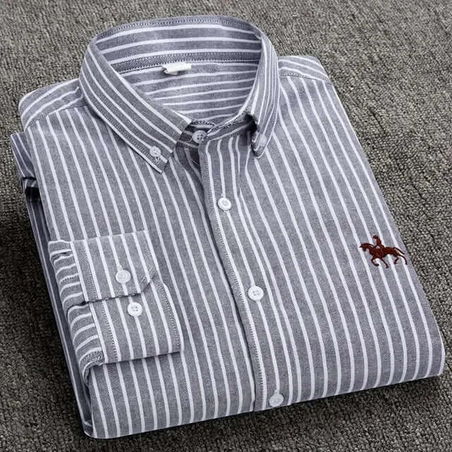 LYVIO Men's White Cotton Oxford Long Sleeve Horse Embroidery Shirt