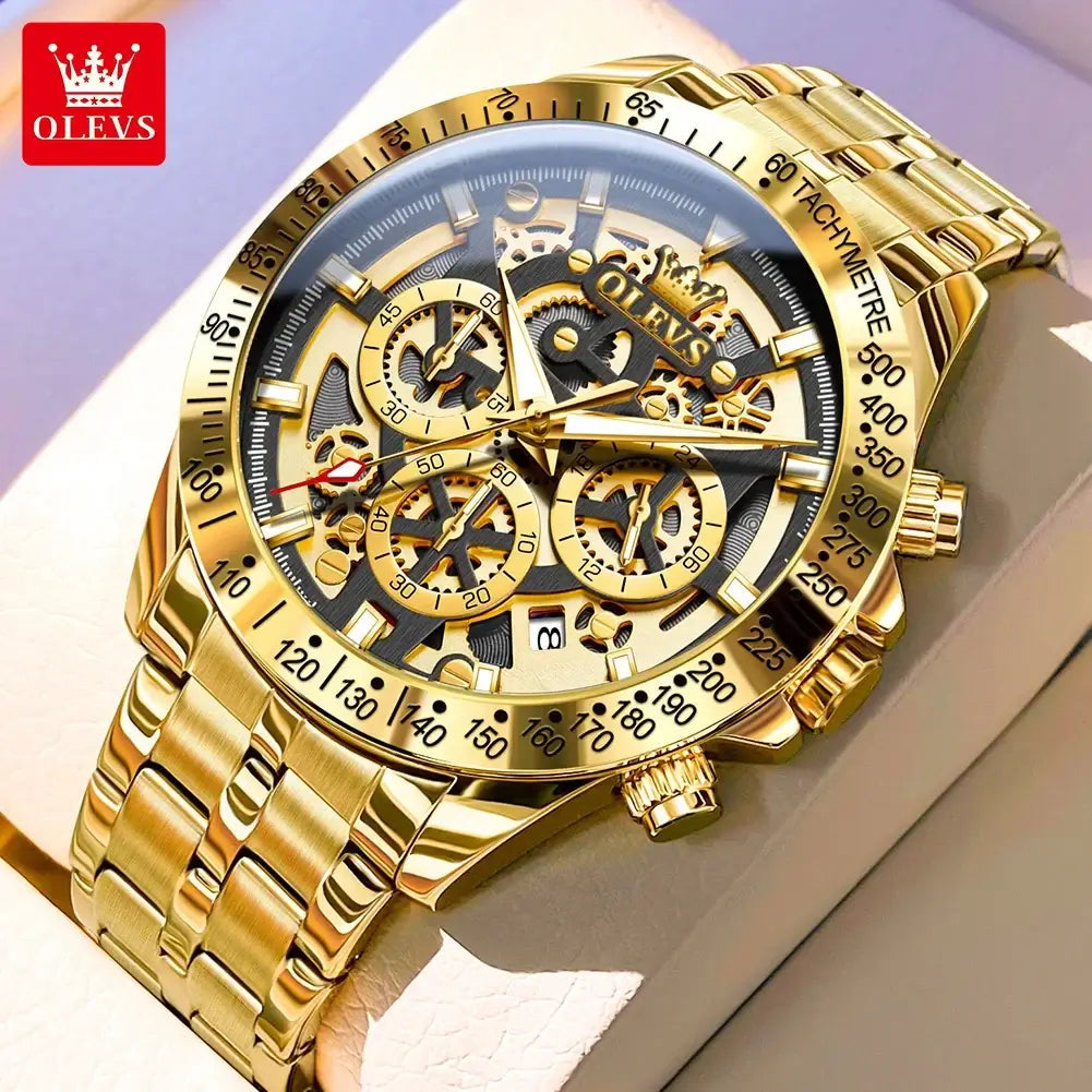LYVIO OLEVS Gold Full Skeleton Stainless Steel Men's Watch