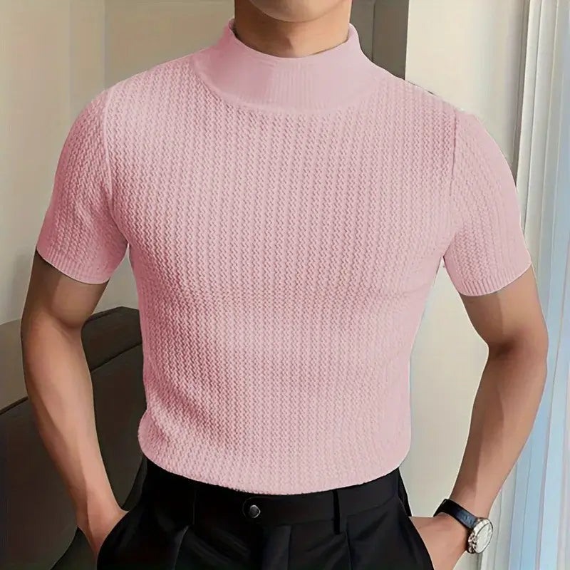 LYVIO Men's Slim Fit Solid Knitted Turtleneck Short Sleeve Shirt