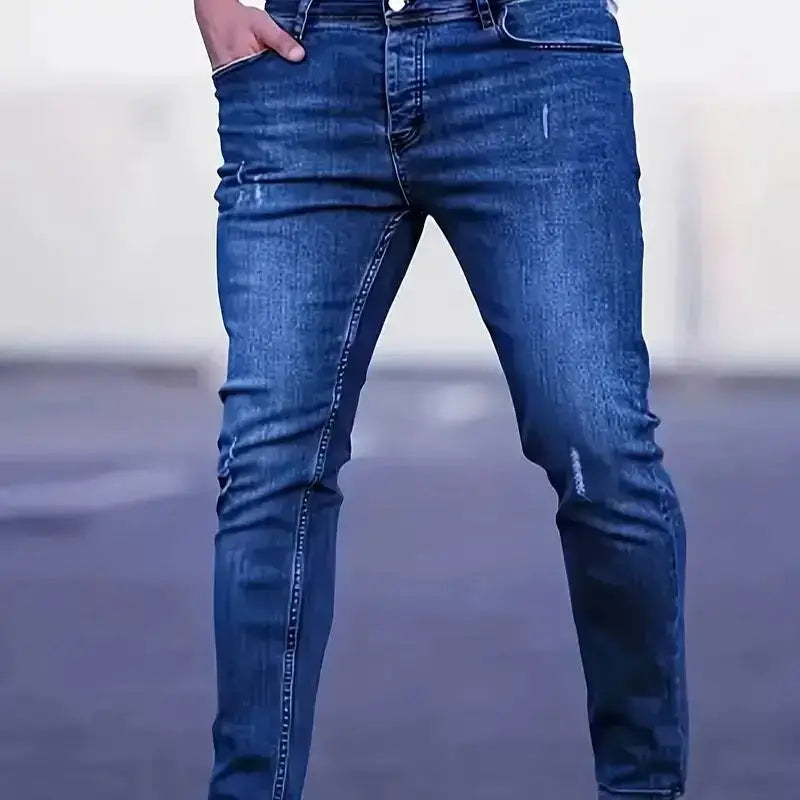 LYVIO Men's Slim Fit Stretch Ripped Denim Jeans with Contrast Stitching