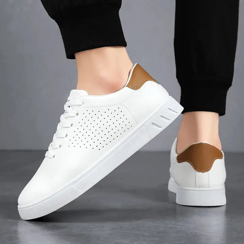 LYVIO Men's Classic White Leather Perforated Sneakers