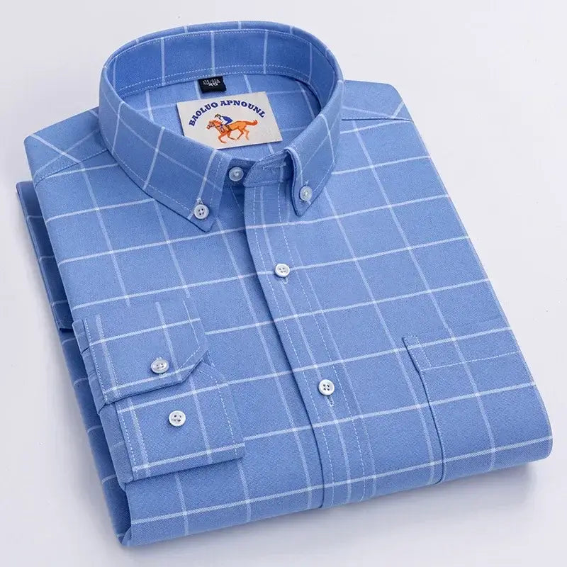 LYVIO Men's White Cotton Oxford Long Sleeve Horse Embroidery Shirt